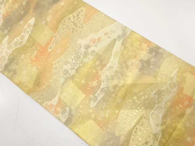 JAPANESE KIMONO / ANTIQUE FUKURO OBI / SILK / WOVEN MIST & KIKU & SCATTERED FOIL